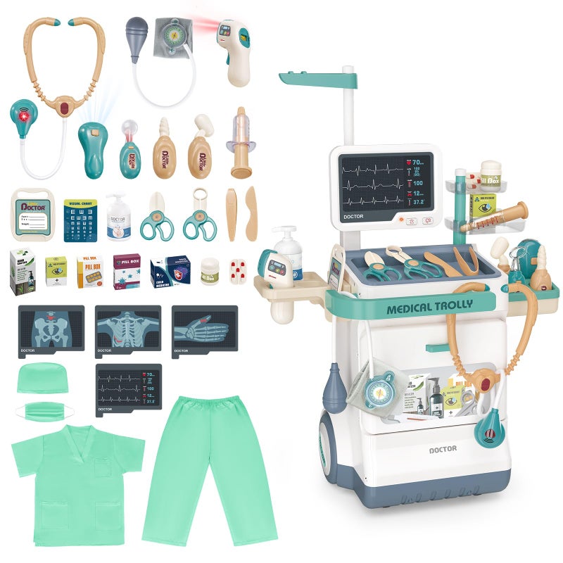 deAO Doctor Kit for Toddlers 35 Kids Doctor Playset Toys Pretend Station Set with Cart CostumeStethoscope and Thermometer Halloween Costume Gift for Boys Girls Role Play Green - Image 3