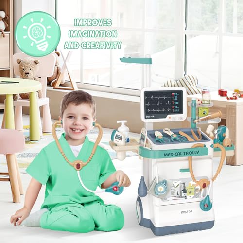deAO Doctor Kit for Toddlers 35 Kids Doctor Playset Toys Pretend Station Set with Cart CostumeStethoscope and Thermometer Halloween Costume Gift for Boys Girls Role Play Green - Image 5