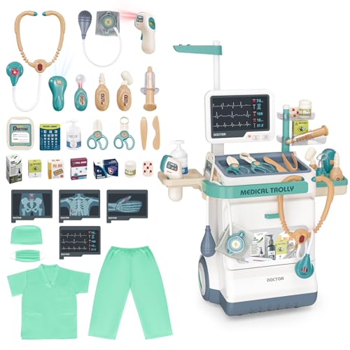 deAO Doctor Kit for Toddlers 35 Kids Doctor Playset Toys Pretend Station Set with Cart CostumeStethoscope and Thermometer Halloween Costume Gift for Boys Girls Role Play Green - Image 1