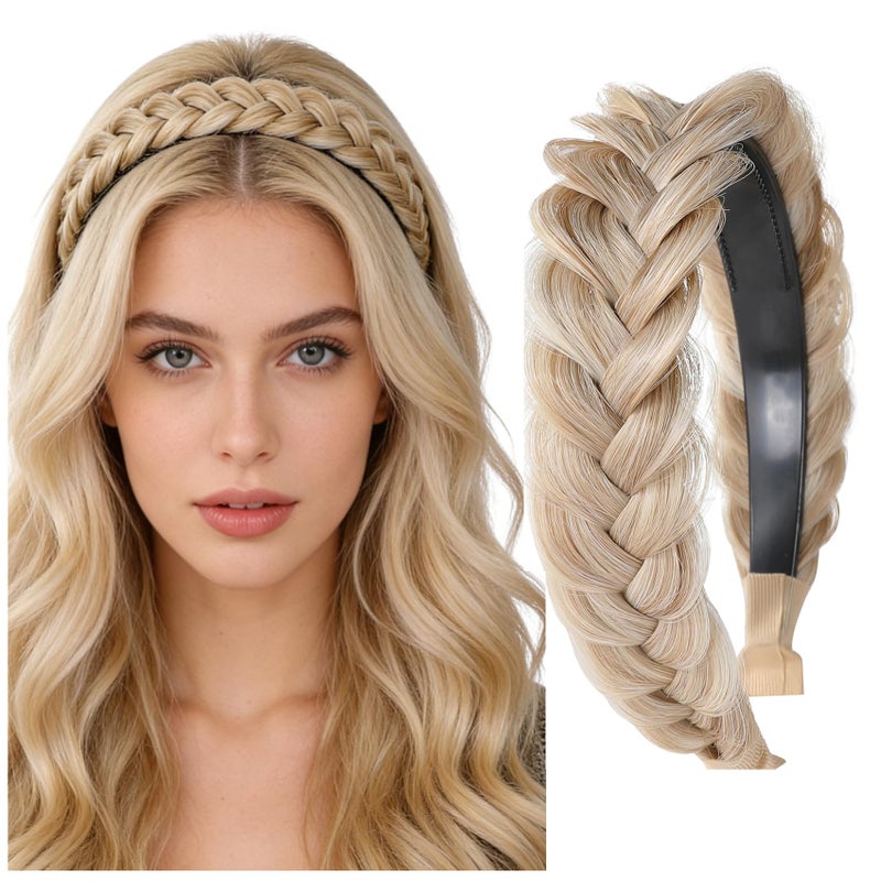 TOECWEGR Braided Headband WithTooth Wide Braid Messy Hair Hoop WomenFashion Hair Accessories (Light Golden Brown Mixed Bleach Blonde) - Image 1