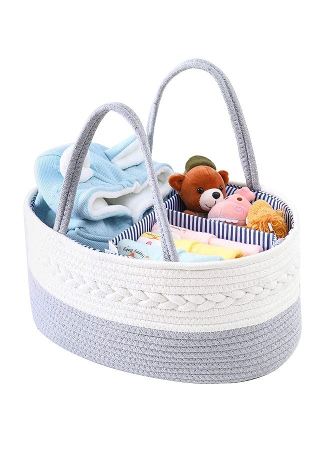 Cotton Rope Diaper Caddy Organizer Foldable And Portable Storage Basket Nursery New Born Baby Nappy Diaper Toy Books Storage Basket with Changeable Compartments(White+Grey)  - Image 2