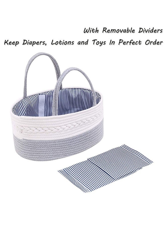 Cotton Rope Diaper Caddy Organizer Foldable And Portable Storage Basket Nursery New Born Baby Nappy Diaper Toy Books Storage Basket with Changeable Compartments(White+Grey)  - Image 4