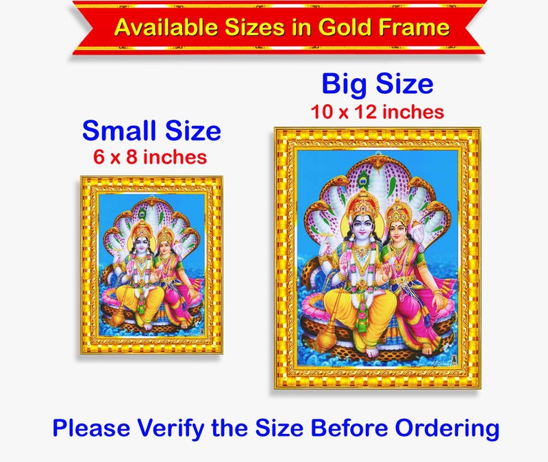 Pavan Photo Laminations Lord Vishnu Dev Lakshmi Devi Laxmi Narayan Ji Wall Painting Framed Home Decor (Wood,Acrylic,Gold,Small Size,6x8 Inch) R584S - Image 5