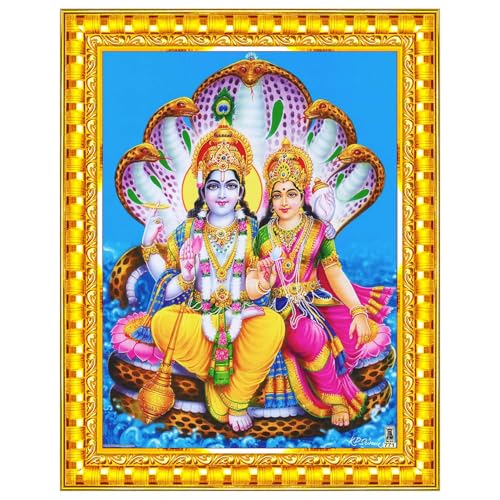 Pavan Photo Laminations Lord Vishnu Dev Lakshmi Devi Laxmi Narayan Ji Wall Painting Framed Home Decor (Wood,Acrylic,Gold,Small Size,6x8 Inch) R584S - Image 1