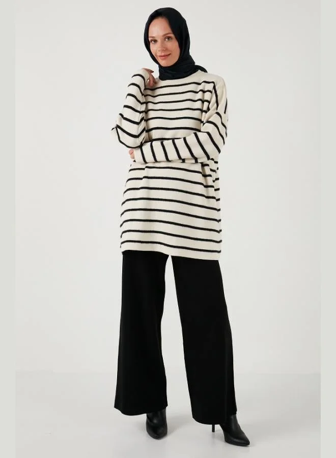 ليلا ليلى سويتر نسائي محبوك مقلم بياقة دائرية