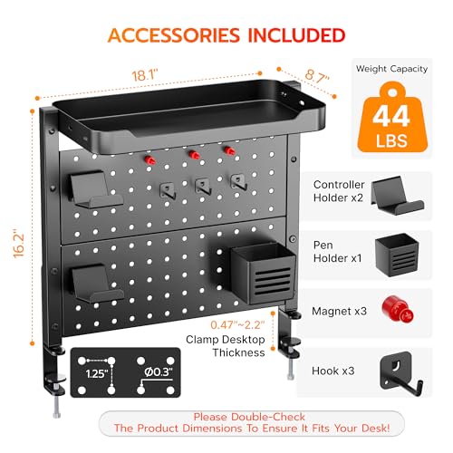 ARES WING Desk Clamp On Pegboard with 16 inches Organizer Shelf Adjustable Above or Under Desk Storage Shelf Holds 44 lbs Magnetic Metal Peg Board for Office and Gaming Accessories Black - Image 3