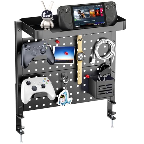 ARES WING Desk Clamp On Pegboard with 16 inches Organizer Shelf Adjustable Above or Under Desk Storage Shelf Holds 44 lbs Magnetic Metal Peg Board for Office and Gaming Accessories Black - Image 1
