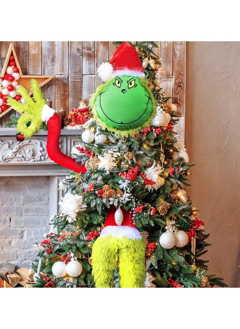 TAPIT - Christmas Furry Green Grinch Christmas Tree Ornament Thief Elf Head Arms Legs for Christmas Tree Topper Decorations and New Year Party Ornaments (Elf Head) - Image 1