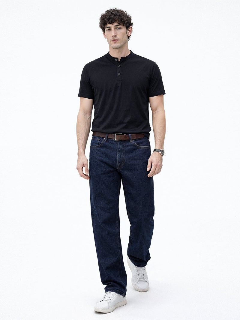 STATUS QUO Solid Henley Neck Regular Fit Black T-shirt - Image 5