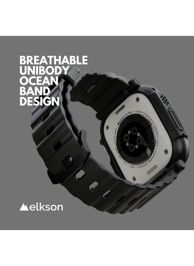 elkson - Compatible with Apple Watch Ultra Bumper Case Band 49mm Screen Protector Tempered Glass, Quattro Pro 2.0 Series Rugged for iWatch, Military Grade Durable Protective Cover, Shock Proof, Black - Image 1