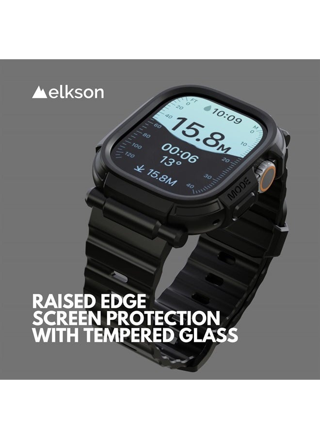 elkson - Compatible with Apple Watch Ultra Bumper Case Band 49mm Screen Protector Tempered Glass, Quattro Pro 2.0 Series Rugged for iWatch, Military Grade Durable Protective Cover, Shock Proof, Black - Image 1