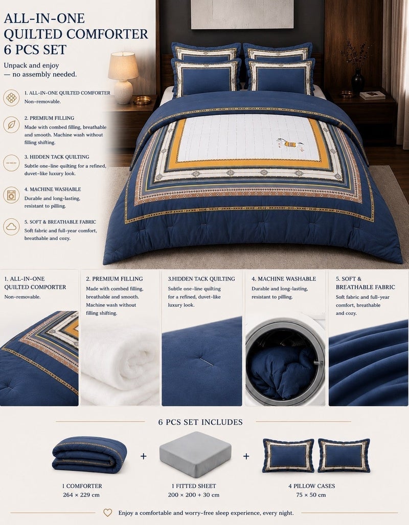 HOMETOPIA King Size 6 Piece Bedding Set Designer Hand Drawn Print Comforter Set Cooling Breathable Soft Stretch Fabric Luxury Duvet Set for AC Room - Image 4
