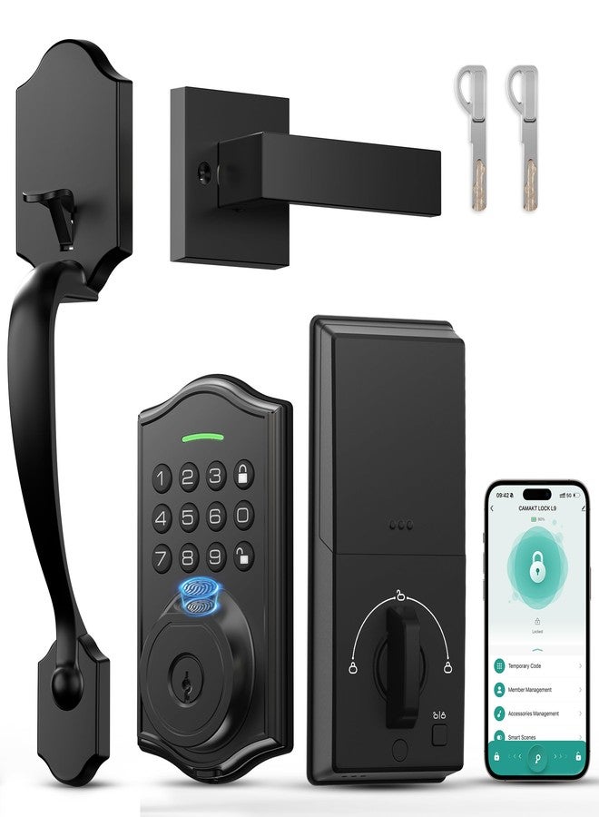 POWIFY Keyless Entry Door Lock with Handle,Fingerprint Smart Front Door Lock Set,APP Control, Electronic Keypad Deadbolt with Lever Handle, Anti-Peeping, Auto Lock, Easy Install, Black - Image 1