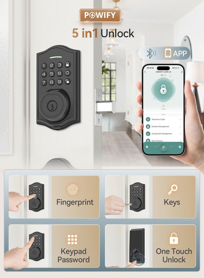 POWIFY Keyless Entry Door Lock with Handle,Fingerprint Smart Front Door Lock Set,APP Control, Electronic Keypad Deadbolt with Lever Handle, Anti-Peeping, Auto Lock, Easy Install, Black - Image 2