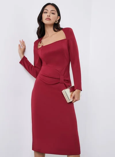 Styli Red Midi Dress with Metal Ring Accent