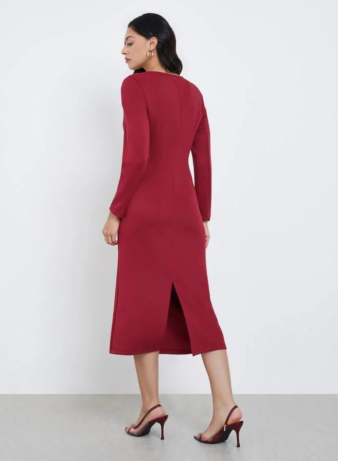Styli Red Midi Dress with Metal Ring Accent