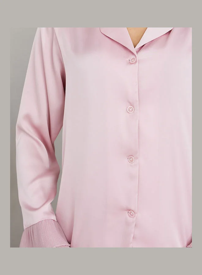 Styli Plisse Cuff Detail Satin Shirt & Pyjama Set