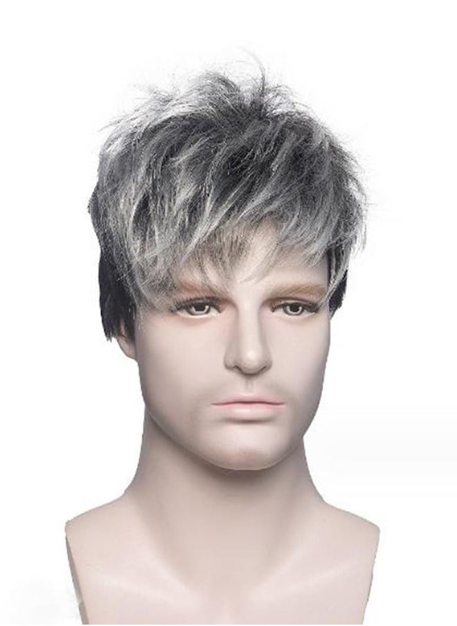 Generic - New Men's Wig Fluffy Natural Short Curly High Temperature Silk Rose Net Black Gray Full Head Cover - Image 1