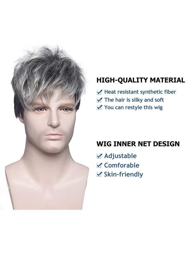 Generic - New Men's Wig Fluffy Natural Short Curly High Temperature Silk Rose Net Black Gray Full Head Cover - Image 1