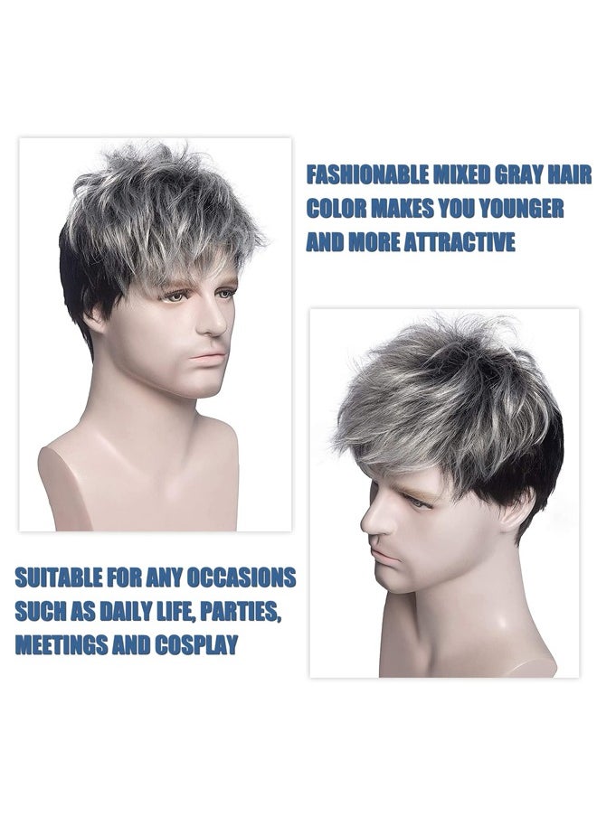 Generic - New Men's Wig Fluffy Natural Short Curly High Temperature Silk Rose Net Black Gray Full Head Cover - Image 1