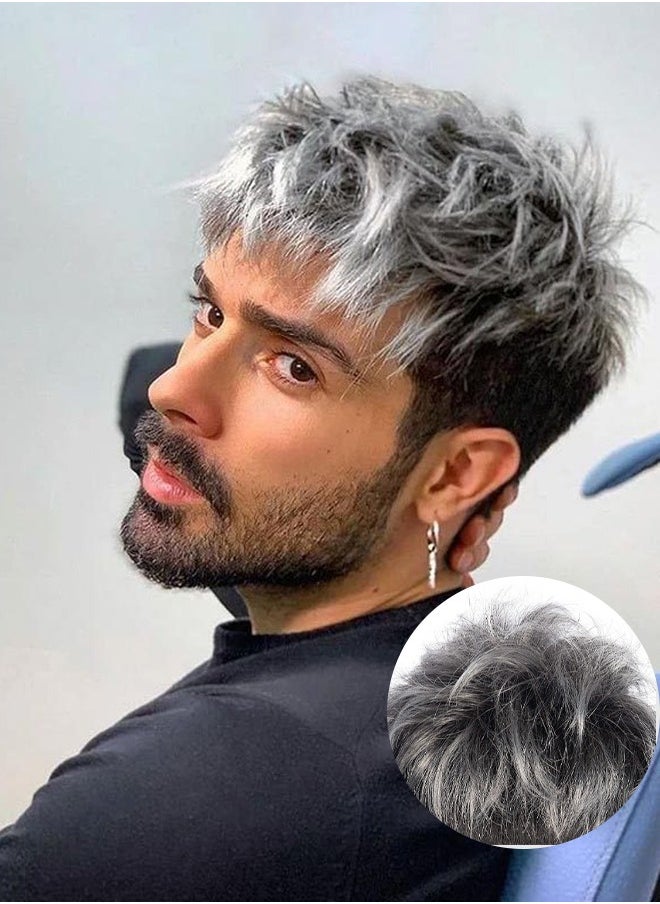 Generic - New Men's Wig Fluffy Natural Short Curly High Temperature Silk Rose Net Black Gray Full Head Cover - Image 1
