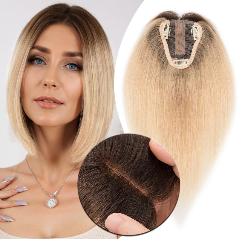 MYLADY Human Hair Toppers for Women Real Human Hair for Thinning Hair 8 10CM Lace Silk Base Hair Pieces No Bangs Clip in Remy Hairpieces HandTied 12 Inch Blonde with Dark Root