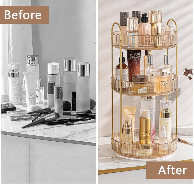 Dravina 360° Rotating Makeup Organizer Rack| 3 Tier Standing Countertop Cosmetic Vanity Tray for Makeup, Skincare|Corner Rack for Bedroom,Bathroom (3 Layer- Amber (Rack) + Gold Rods) - Image 4