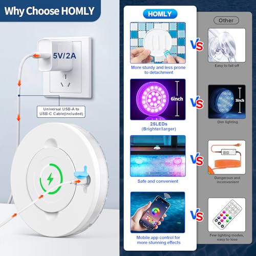 Homly Rechargeable Submersible Pool Lights with Wireless APP Control, Waterproof Underwater Smart LED Lights Controlled Multiple Lighting Modes, 4000mAh Magnets Lights for Multi Scene Pool Decoration - Image 5