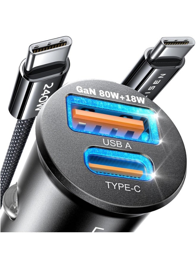 Lisen Car Charger With 240W USB C Cable Fast Charging [80W+18W GaN] [Mini Metal] for iPhone 16 Pro Max MacBook Air iPad2024 Samsung Galaxy S24 S23 - Image 1