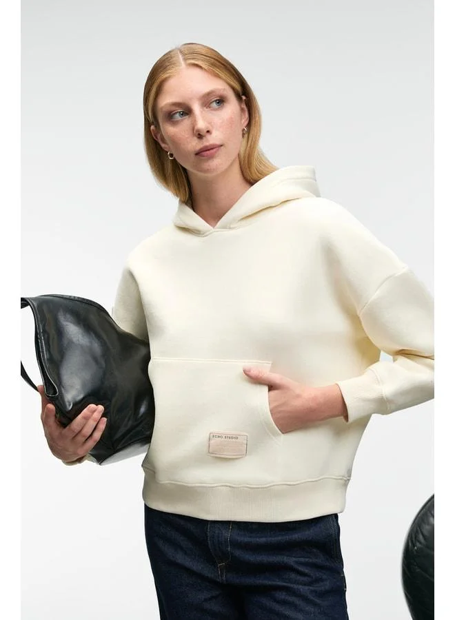 GRIMELANGE CLARIE Women's Organic Cotton Oversized Kangaroo Pocket Hooded Beige Sweatshirt.