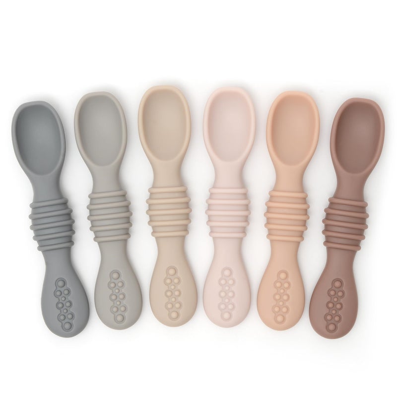 PrimaStella Silicone Chew Spoon 6Piece Set First Stage Feeding Spoons Baby Led Weaning Supplies BPA Free Dishwasher and Boil Safe Neutral Palette