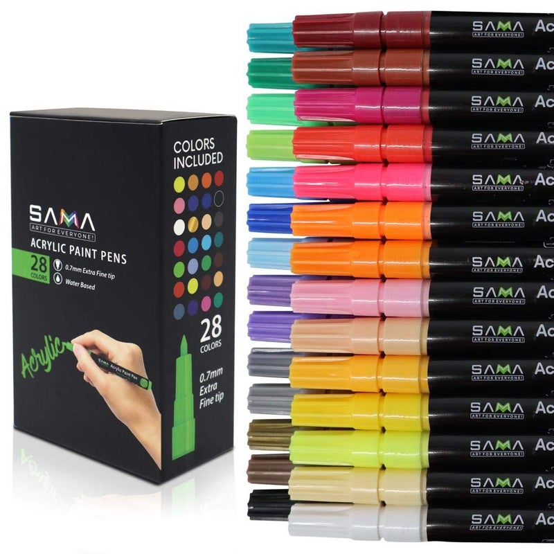 SAMA Acrylic Paint Pens 28 Vibrant Colors Extra Fine Tip WaterBased Sun Water Resistant for Rock Wood Metal Plastic Glass Canvas and Ceramic