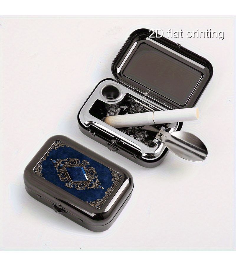 Portable Ashtray Blue Gemstone Pattern Metal Box for Men Women Car Pocket - Image 1