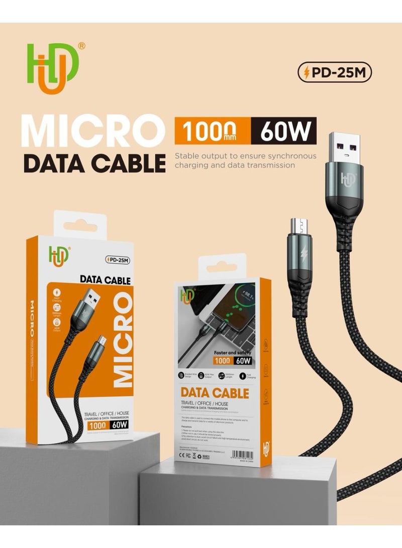 USB to Micro PD-25M Fast Charging Cable 60W, 1000mm Durable Data Transfer & Charging Cable for Samsung, Xiaomi, Huawei, Android Devices - High-Speed Charging