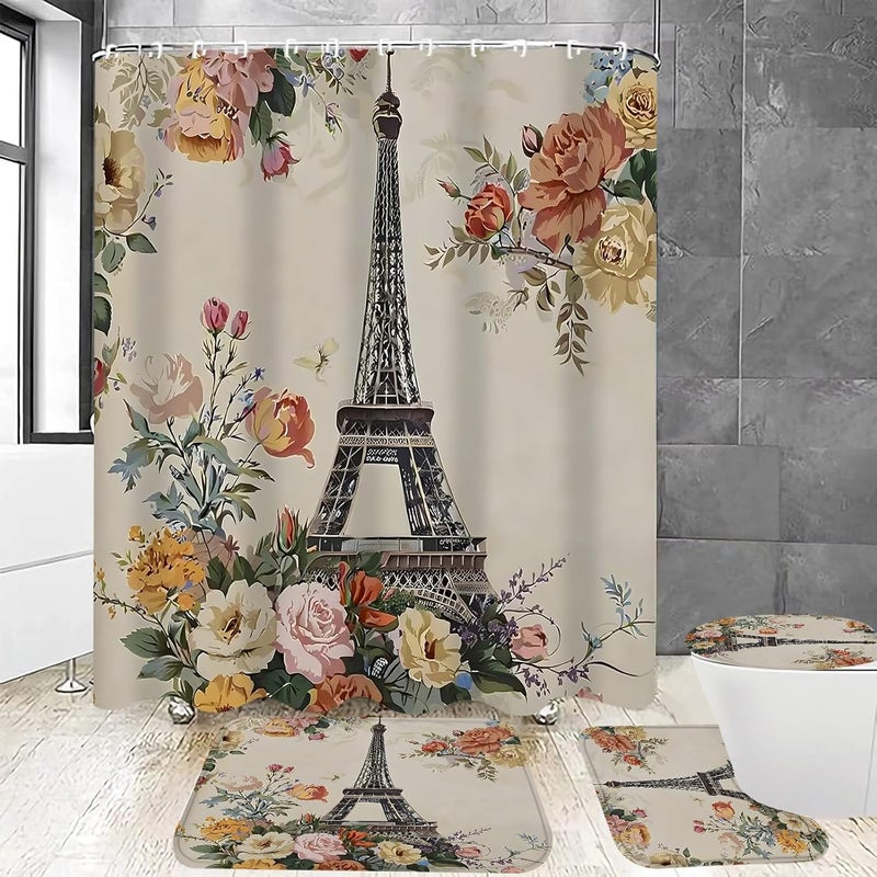 Chrainy 4Pcs Paris Eiffel Tower Shower Curtain Sets Bathroom Set Decor with Non-Slip Rugs Bath U-Shaped Mat Toilet Lid Cover Waterproof Colorful Floral Bathroom Curtains Shower Set with 12 Hooks - Image 1