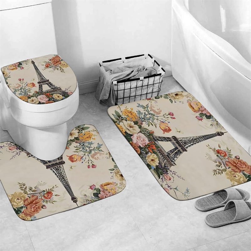 Chrainy 4Pcs Paris Eiffel Tower Shower Curtain Sets Bathroom Set Decor with Non-Slip Rugs Bath U-Shaped Mat Toilet Lid Cover Waterproof Colorful Floral Bathroom Curtains Shower Set with 12 Hooks - Image 4