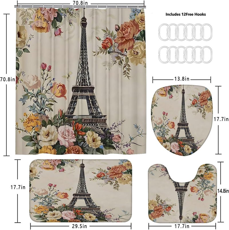 Chrainy 4Pcs Paris Eiffel Tower Shower Curtain Sets Bathroom Set Decor with Non-Slip Rugs Bath U-Shaped Mat Toilet Lid Cover Waterproof Colorful Floral Bathroom Curtains Shower Set with 12 Hooks - Image 5
