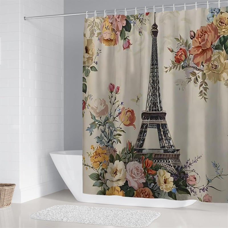 Chrainy 4Pcs Paris Eiffel Tower Shower Curtain Sets Bathroom Set Decor with Non-Slip Rugs Bath U-Shaped Mat Toilet Lid Cover Waterproof Colorful Floral Bathroom Curtains Shower Set with 12 Hooks - Image 2