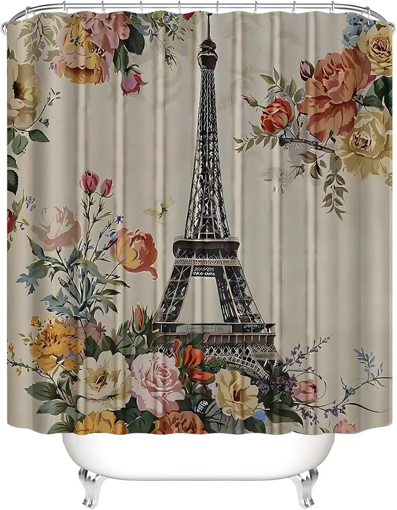 Chrainy 4Pcs Paris Eiffel Tower Shower Curtain Sets Bathroom Set Decor with Non-Slip Rugs Bath U-Shaped Mat Toilet Lid Cover Waterproof Colorful Floral Bathroom Curtains Shower Set with 12 Hooks - Image 3