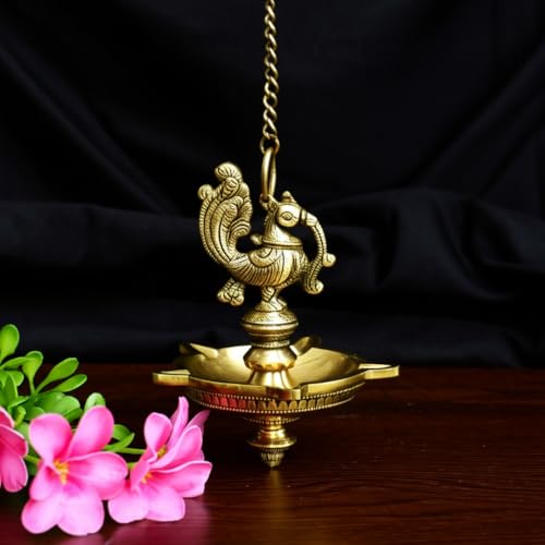 Puyangam Brass Beautiful Peacock Hanging Lamp for Pooja Room, Diwali, Gifting, House Warming, Annam Hanging Lamp Pack of 1 (Medium, Peacock 5 Face) - Image 1