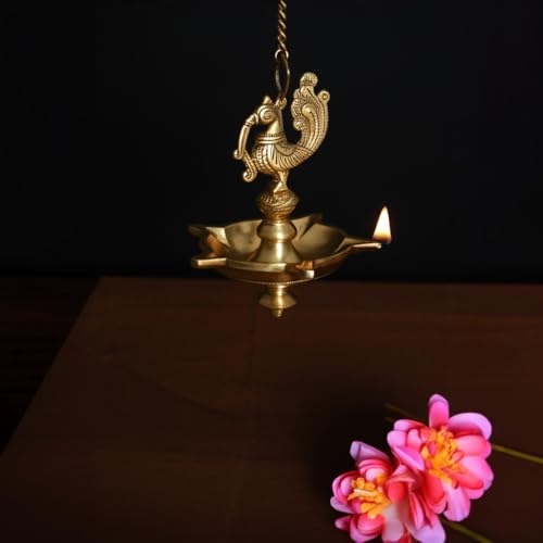 Puyangam Brass Beautiful Peacock Hanging Lamp for Pooja Room, Diwali, Gifting, House Warming, Annam Hanging Lamp Pack of 1 (Medium, Peacock 5 Face) - Image 4