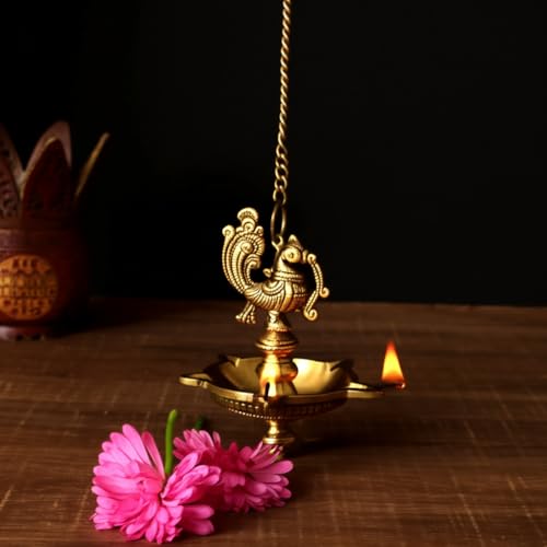 Puyangam Brass Beautiful Peacock Hanging Lamp for Pooja Room, Diwali, Gifting, House Warming, Annam Hanging Lamp Pack of 1 (Medium, Peacock 5 Face) - Image 3