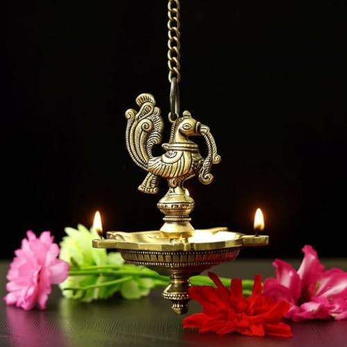Puyangam Brass Beautiful Peacock Hanging Lamp for Pooja Room, Diwali, Gifting, House Warming, Annam Hanging Lamp Pack of 1 (Medium, Peacock 5 Face) - Image 2