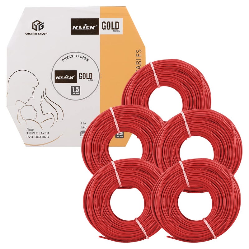 KLICK KLICK Copper Wire with Triple Layer PVC Coating Unilay Bunching Single Core Unsheathed Flexible Electric Cable for Domestic Industrial Connections Gold Series 15 mm 90m Long Red 5 Pcs  - Image 1