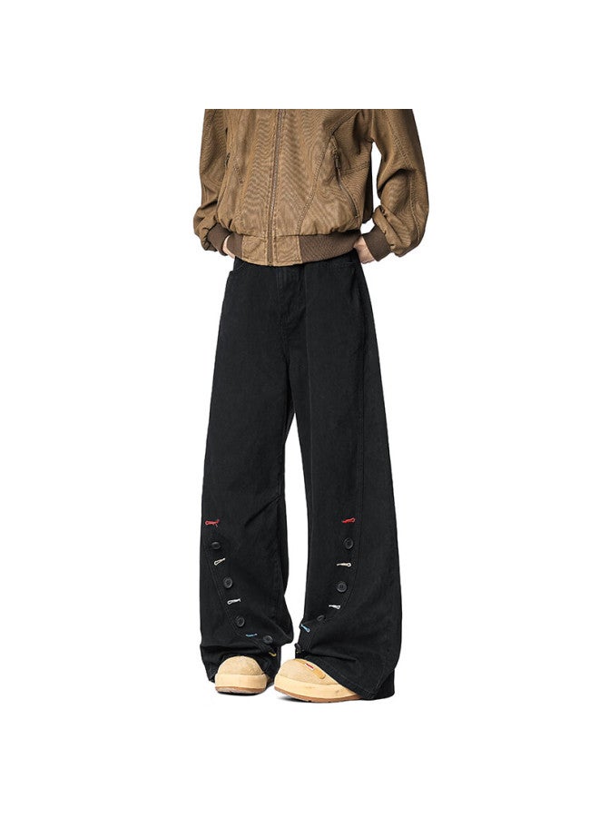 Izexx Melard Button Design Curved Blade Pants Men Spring Retro Pure Cotton Straight Leg Trousers Zwg32 Black L - Image 5