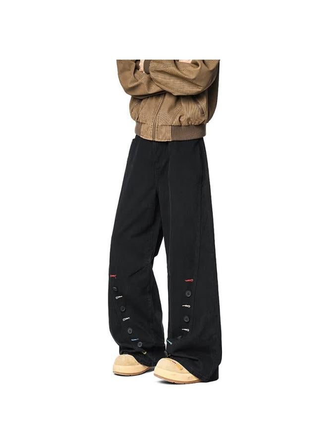 Izexx Melard Button Design Curved Blade Pants Men Spring Retro Pure Cotton Straight Leg Trousers Zwg32 Black L - Image 2