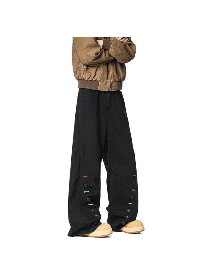 Izexx Melard Button Design Curved Blade Pants Men Spring Retro Pure Cotton Straight Leg Trousers Zwg32 Black L - Image 3