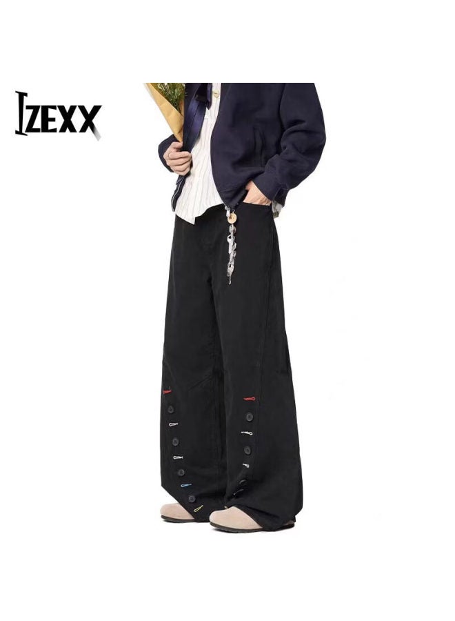Izexx Melard Button Design Curved Blade Pants Men Spring Retro Pure Cotton Straight Leg Trousers Zwg32 Black L - Image 1