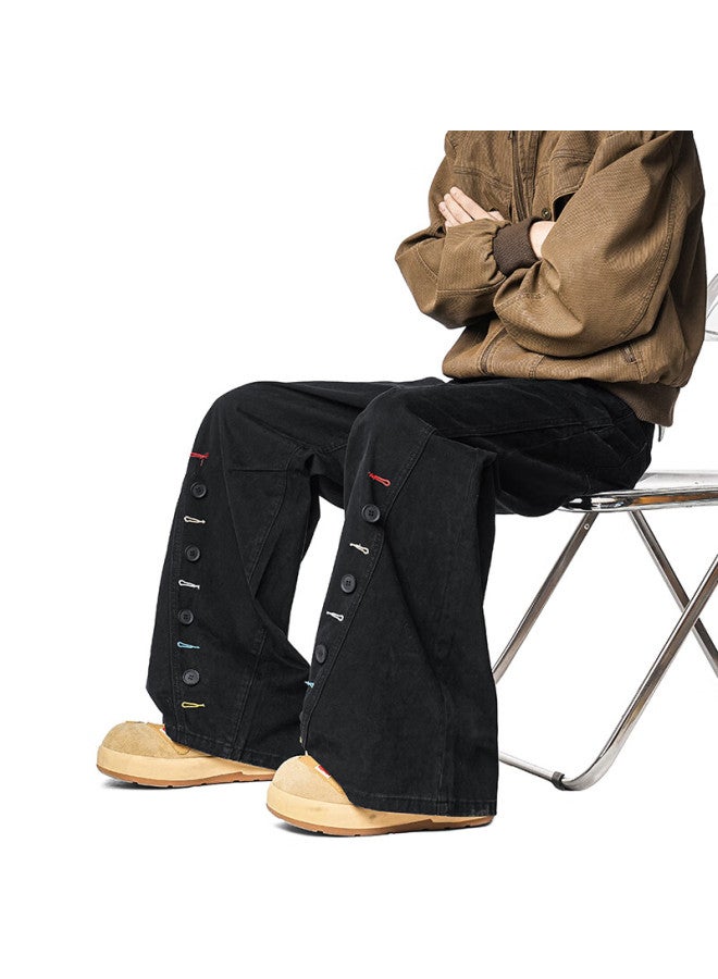 Izexx Melard Button Design Curved Blade Pants Men Spring Retro Pure Cotton Straight Leg Trousers Zwg32 Black L - Image 4