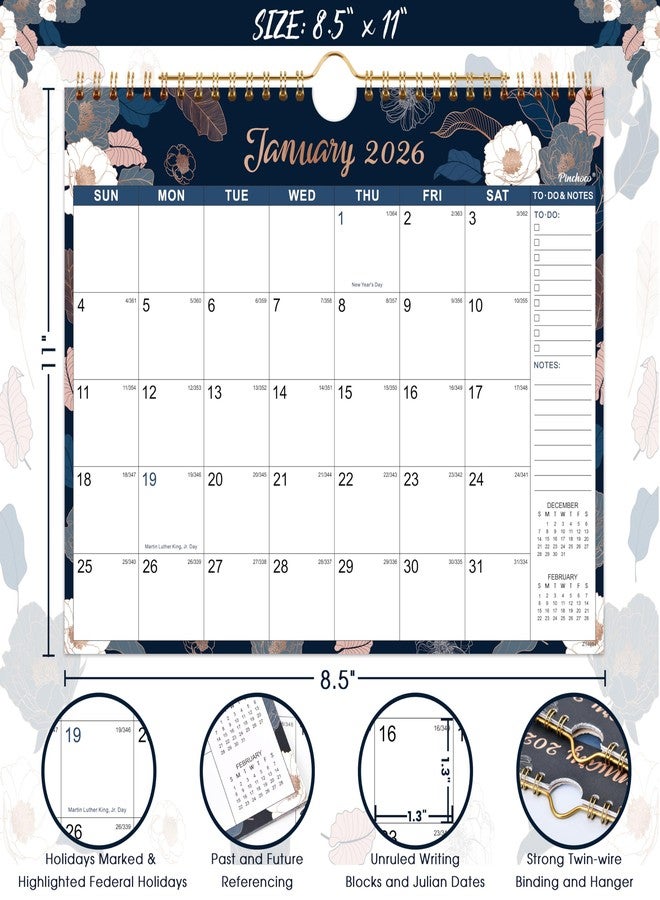 Pinchoco 2026 Calendar - Wall Calendar 2026, JAN.2026 - DEC.2026, 8.5" x 11", 2026 Wall Calendar with Twin-Wire Binding, Hanging Hook, Unruled Block - Engraved Art Floral - Image 4